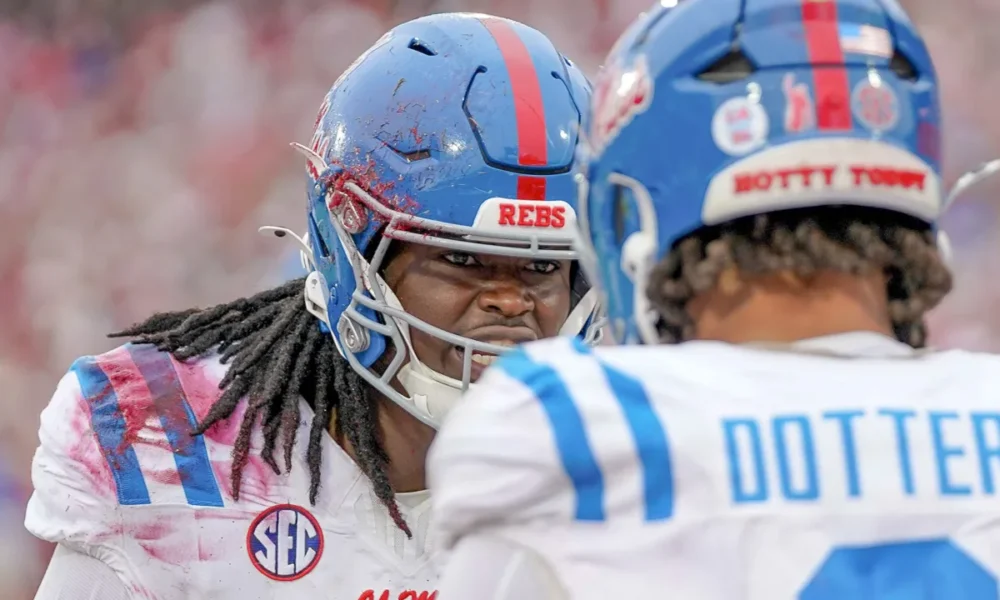 Ole Miss Rebels linebacker Princewill Umanmielen celebrates a stop in game against the Oklahoma Sooners