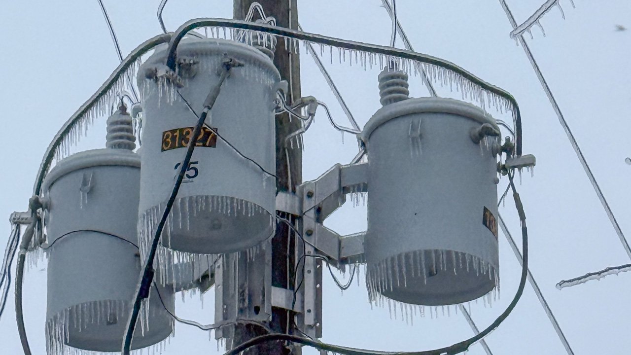Ice on transformers in Batesville, Miss., show how it formed and continued building