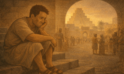 Illustration of a weary man sitting alone on stone steps in an ancient city, head in his hand, while life continues in the background beyond a stone archway.