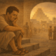 Illustration of a weary man sitting alone on stone steps in an ancient city, head in his hand, while life continues in the background beyond a stone archway.
