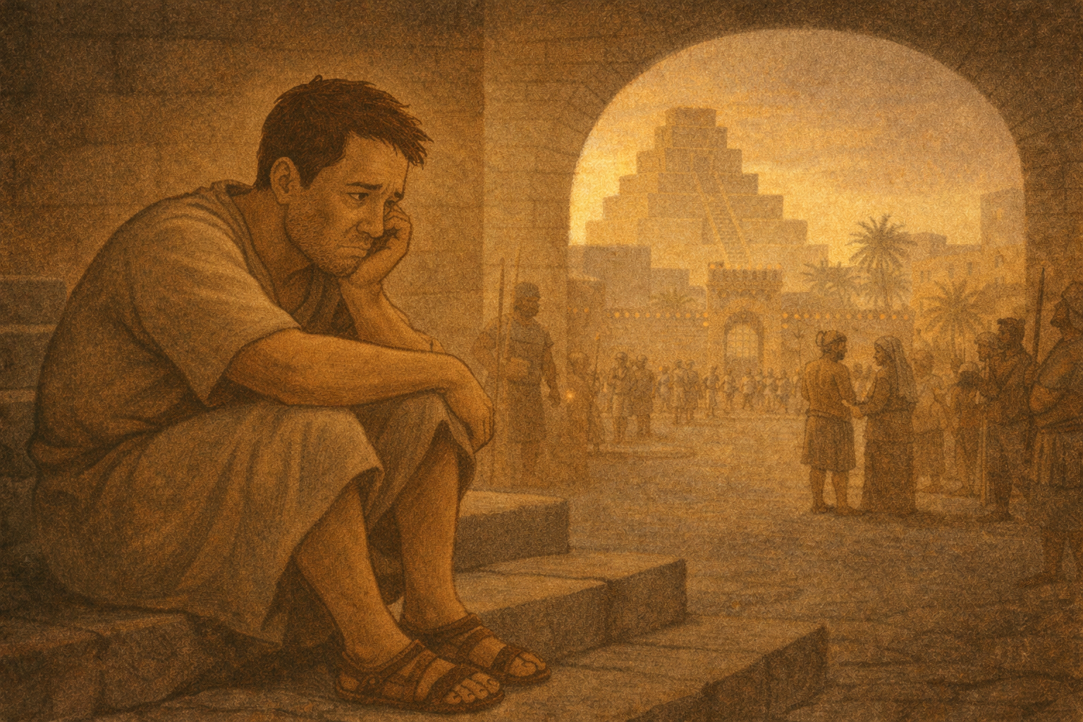 Illustration of a weary man sitting alone on stone steps in an ancient city, head in his hand, while life continues in the background beyond a stone archway.