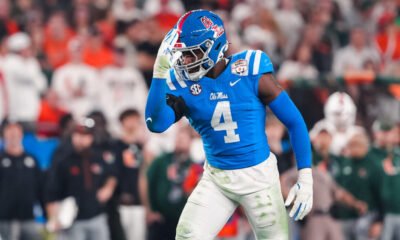 Ole Miss linebacker Suntarine Perkins celebrates a sack in the Fiesta Bowl. | Ole Miss Athletics