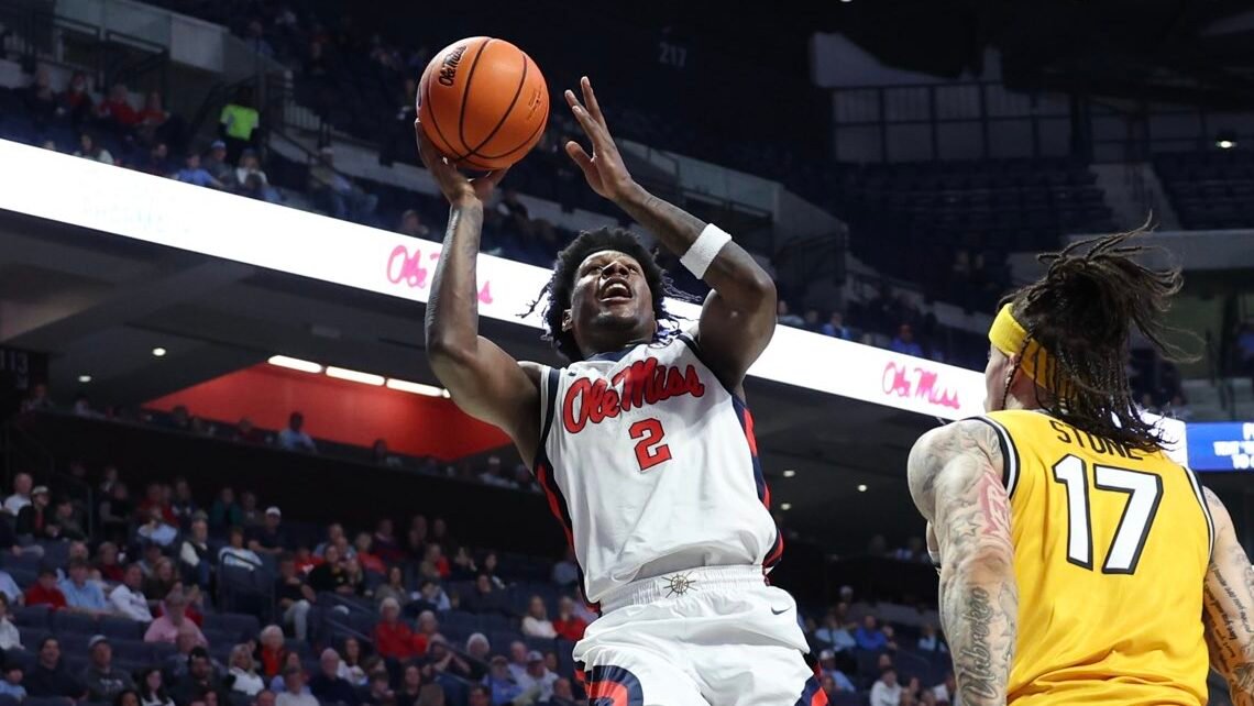 Ole Miss guard AJ Storr puts up a shot against Missouri in Saturday's SEC basketball game in Oxford. | Ole Miss Athletics