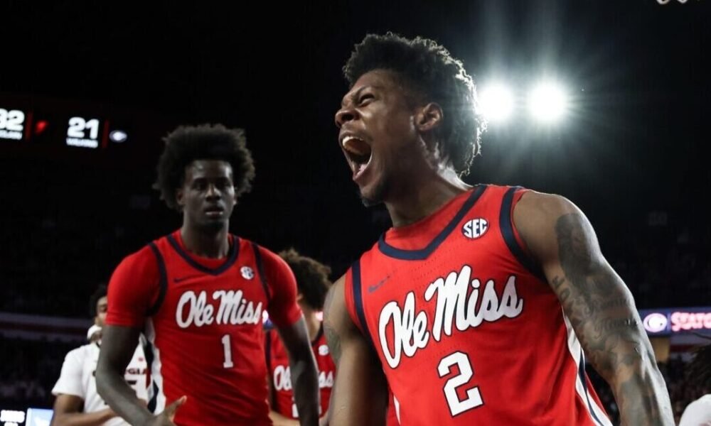 Ole Miss senior AJ Storr celebrates in overtime against No. 21 Georgia on Wednesday. | Ole Miss Athletics