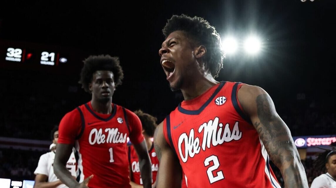 Ole Miss senior AJ Storr celebrates in overtime against No. 21 Georgia on Wednesday. | Ole Miss Athletics