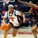 Ole Miss senior guard Kaitlin Peterson drives past a Georgia defender during Thursday's SEC opening game in Oxford. | Ole Miss Athletics