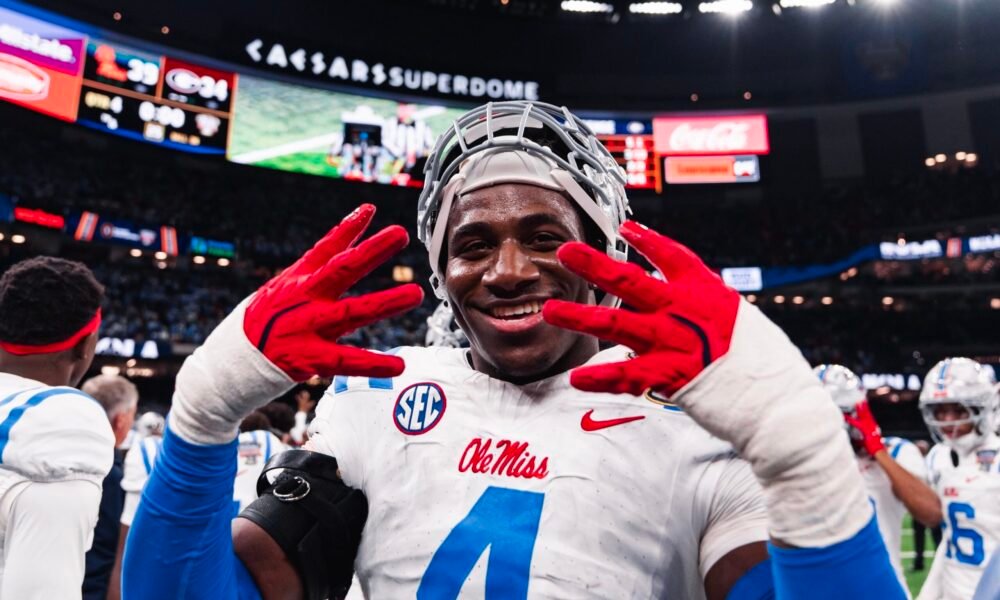 Ole Miss linebacker Suntarine Perkins celebrates a 39-34 win against Georgia in a CFP quarterfinal game in New Orleans. | Ole Miss Athletics