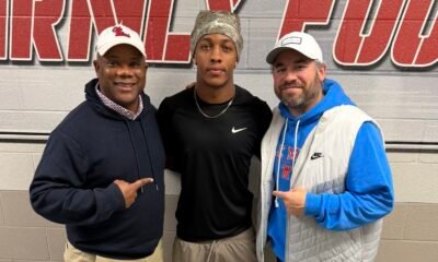 Ole Miss running backs coach Frank Wilson, left, Ruston safety Jayden Anding and Ole Miss head coach Pete Golding on Friday in Louisiana. | Photo Credit: Jayden Anding/X
