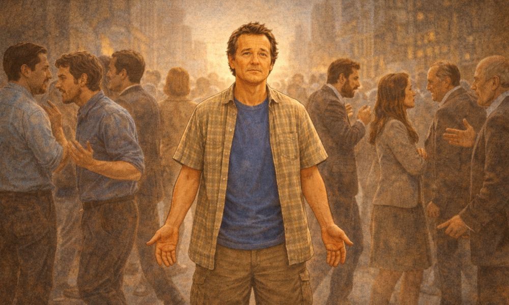 A man stands calmly at the center of a divided crowd, hands open, as people around him argue and turn away from one another.
