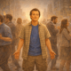 A man stands calmly at the center of a divided crowd, hands open, as people around him argue and turn away from one another.