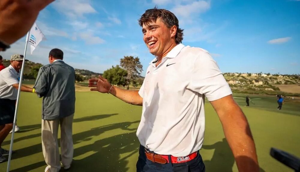 Ole Miss golfer Michael La Sasso celebrates a one-shot win to claim the NCAA Individual Championship last spring. | Ole Miss Athletics