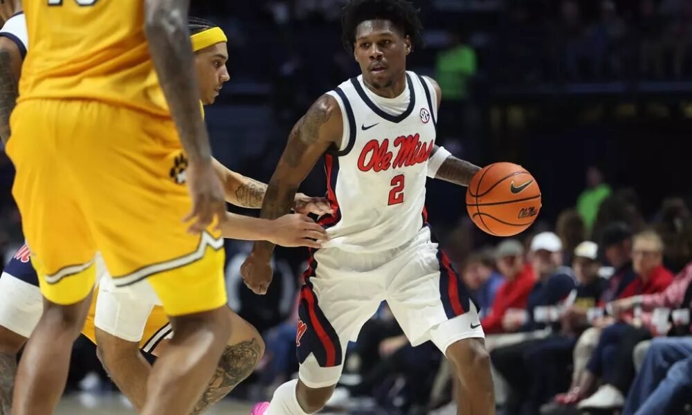 Ole Miss guard AJ Storr in action against Missouri in a SEC basketball game in Oxford. | Ole Miss Athletics