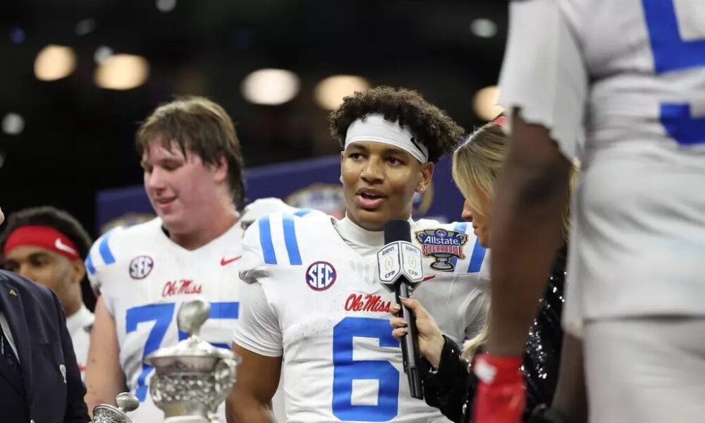 Ole Miss quarterback Trinidad Chambliss talks in the post-game celebration after winning a CFP quarterfinal game. | Ole Miss Athletics