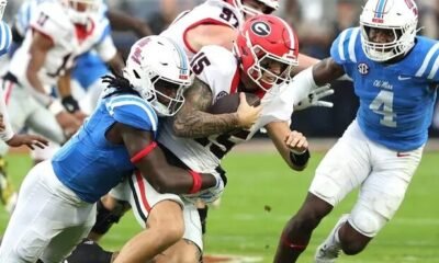 Georgia quarterback Carson Beck is sacked for a loss in the Rebels' 28-10 win during the 2024 season. | Ole Miss Athletics
