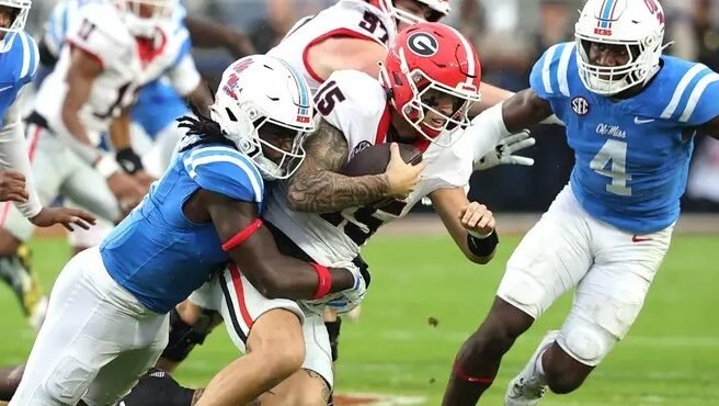 Georgia quarterback Carson Beck is sacked for a loss in the Rebels' 28-10 win during the 2024 season. | Ole Miss Athletics