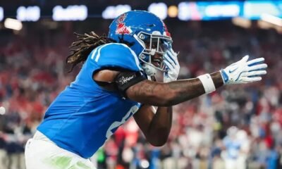 Ole Miss tight end Dae'Quan Wright celebrates his touchdown catch against Miami in a CFP semifinal game. | Ole Miss Athletics