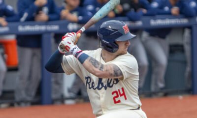 Ole Miss Rebels Austin Fawley waiting on a pitch against Nevada