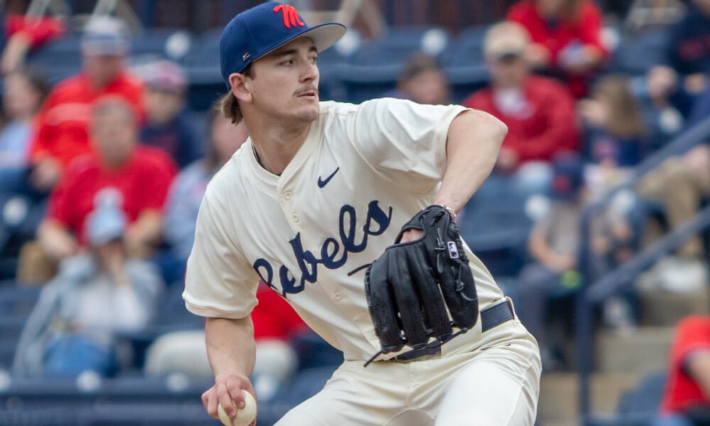 Ole Miss Rebels pitcher Cade Townsend delivering a pitch against Nevada