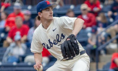 Ole Miss Rebels pitcher Cade Townsend delivering a pitch against Nevada