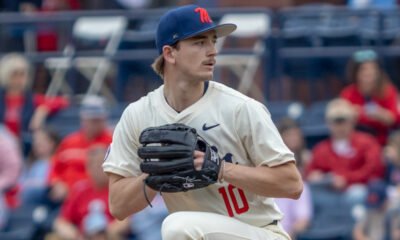 Ole Miss Rebels pitcher Cade Townsend delivering a pitch against Nevad