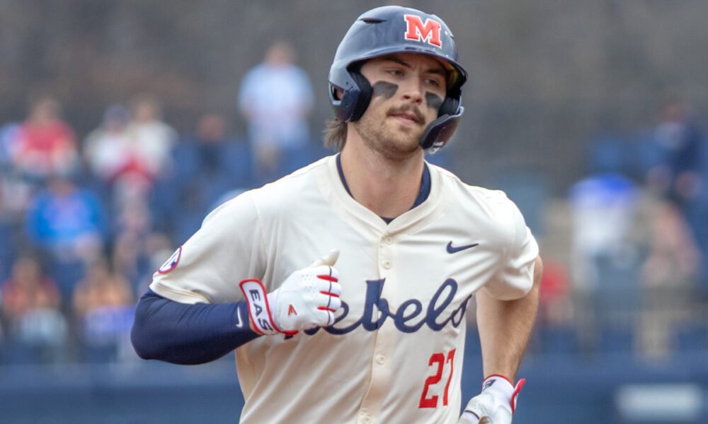 Ole Miss infielder Judd Utermark rounding bases after homer against Nevada