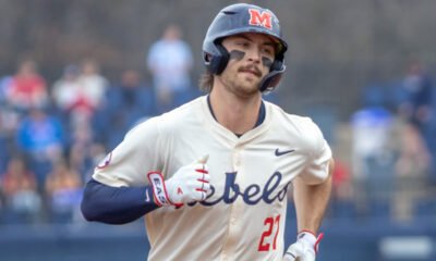 Ole Miss infielder Judd Utermark rounding bases after homer against Nevada