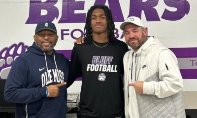 Ole Miss defensive head coach Bryan Brown, cherokee Bluff's Dylan Haley and Ole Miss head coach Pete Golding. | Photo Credit: Dylan Haley/X