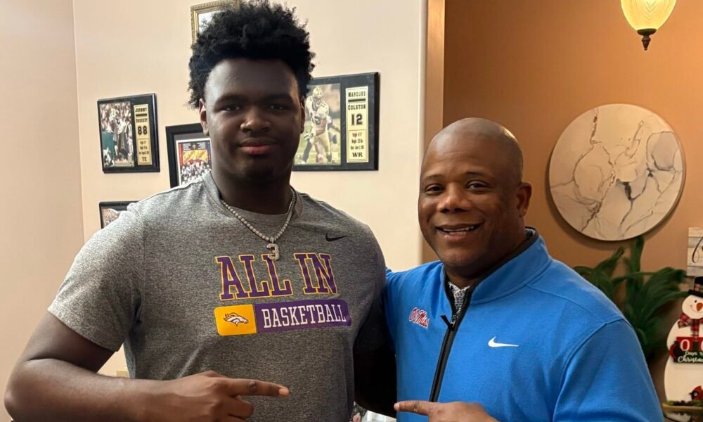 Sam Houston (La.) lineman Albert Simien with Ole Miss coach Frank Wilson. | Photo Credit: Albert Simien/X