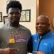 Sam Houston (La.) lineman Albert Simien with Ole Miss coach Frank Wilson. | Photo Credit: Albert Simien/X