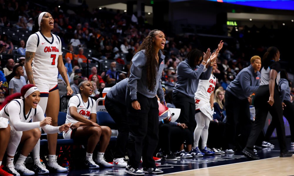 Ole Miss players and coaches react during Monday night's dominant win against Auburn. | Ole Miss Athletics