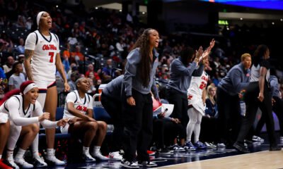 Ole Miss players and coaches react during Monday night's dominant win against Auburn. | Ole Miss Athletics
