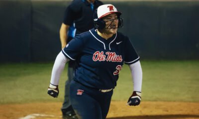 Ole Miss freshman Madi George celebrates after a home run in Thursday's season-opening double-header against Cal State Fullerton. | Ole Miss Athletics