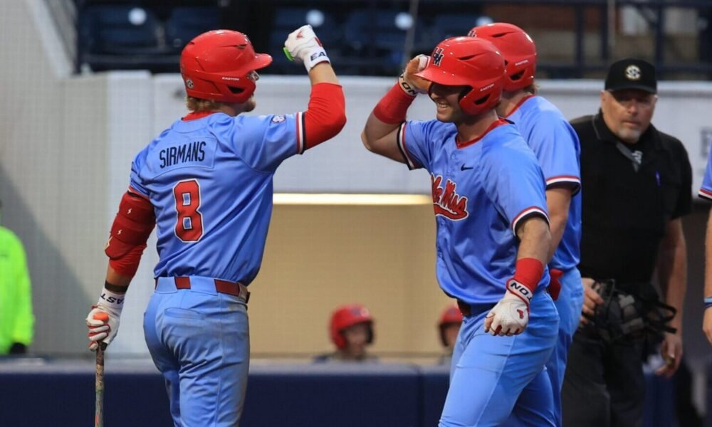 Ole Miss players celebrate Tristan Bissetta's home run against Jackson State at Swayze Field. | Ole Miss Athletics