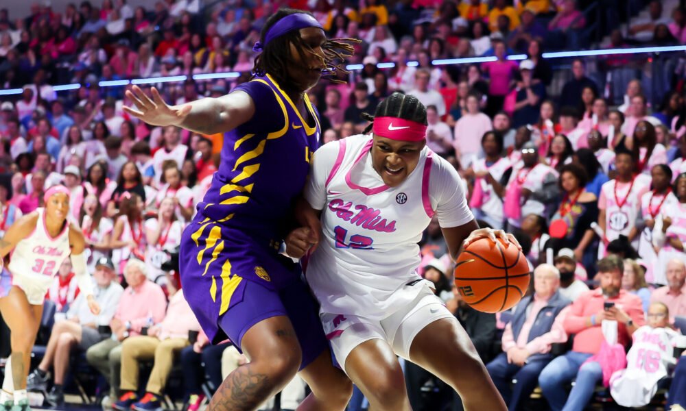 Ole Miss senior Christeen Iwuala drives into the paint during Thursday night's game against LSU. | Ole Miss Athletics