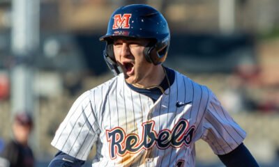 Ole Miss junior Brayden Randle reacts after reaching base safely against Missouri State. | Dylan Cohron/HottyToddy.com