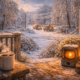 Steaming coffee and a glowing lantern on a rural porch overlook ice-covered trees and utility trucks working on frozen power lines during a Mississippi ice storm.