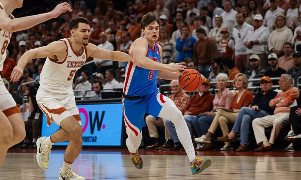 Ole Miss sophomore Eduardo Klafke drives the lane against Texas in Austin. | Ole Miss Athletics