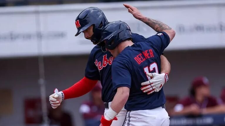 Ole Miss' Judd Utermak and Dom decker celebrate a home run against Missouri State on Friday night. | Ole Miss Athletics