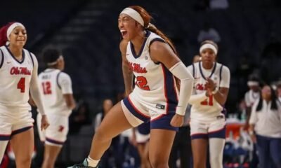Ole Miss guard Cotie McMahon reacts during the Rebels' win against then-No. 5 Vanderbilt in Birmingham, Ala. | Ole Miss Athletics