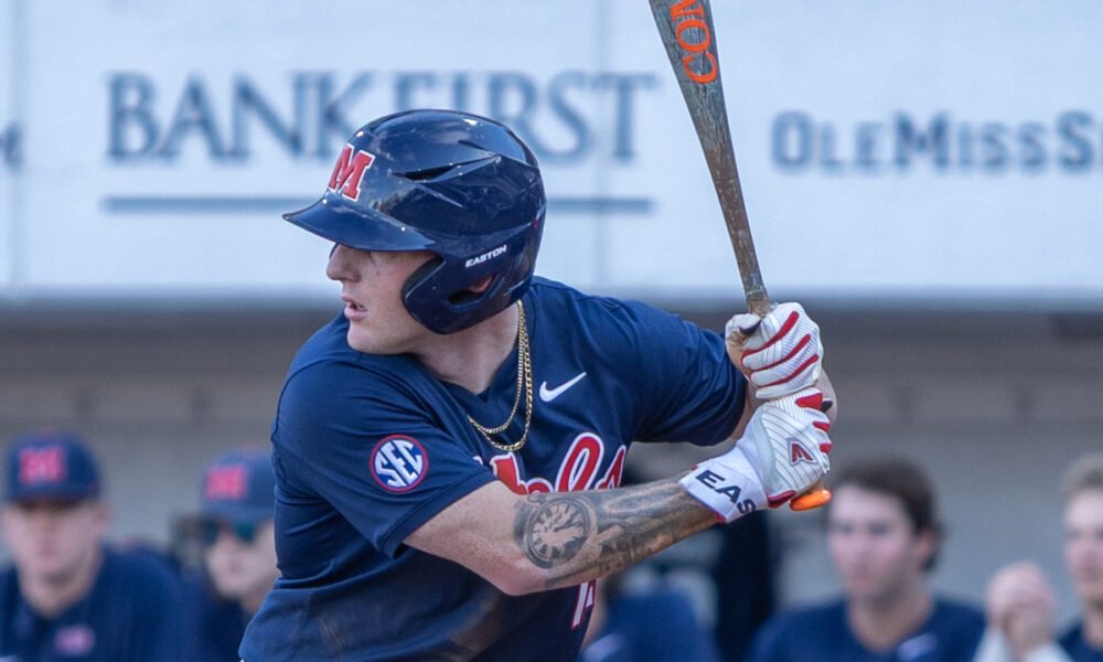 Ole Miss second baseman Dom Decker waits for a pitch during game one of Friday's double-header against Evansville. | Dylan Cohron-HottyToddy.com Images