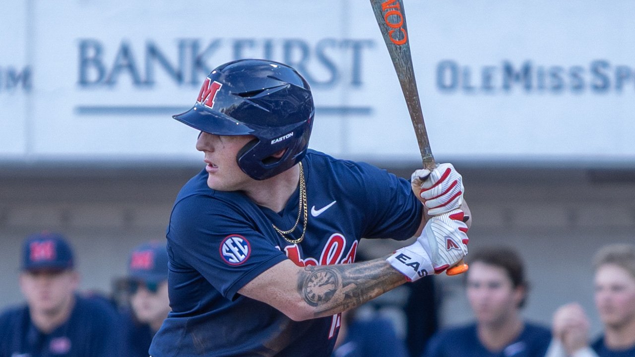 Ole Miss second baseman Dom Decker waits for a pitch during game one of Friday's double-header against Evansville. | Dylan Cohron-HottyToddy.com Images