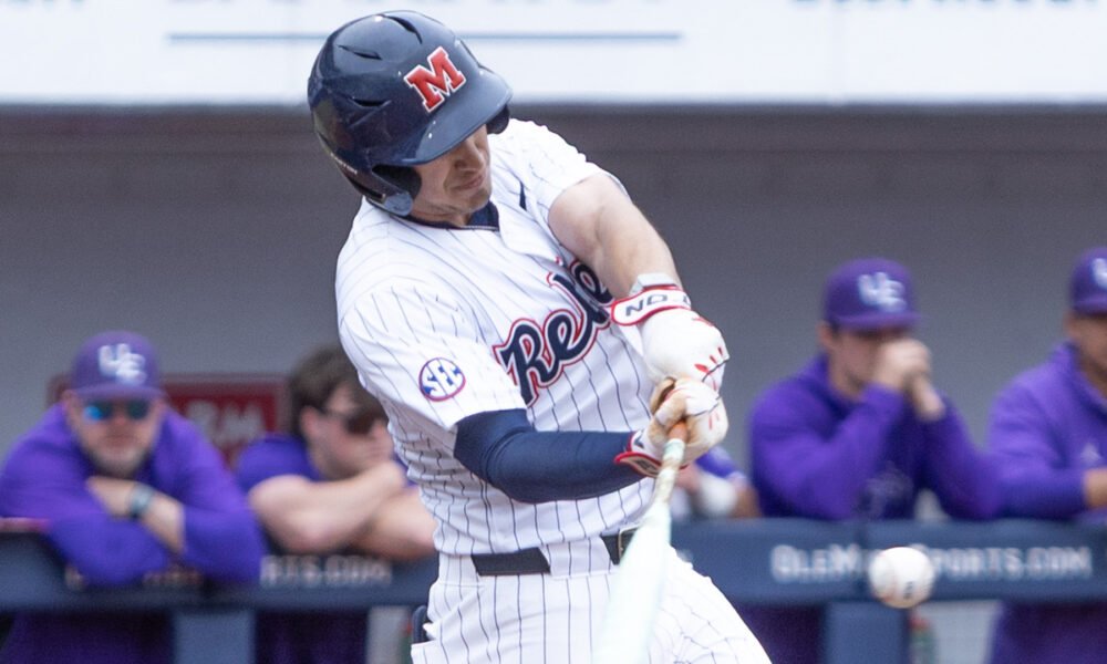 Ole Miss center fielder Hayden Federico swings to drive in a run on a sacrifice fly against Evansville. | Dylan Cohron, HotttyToddy.com Images