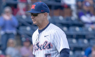 Ole Miss coach Mike Bianco walks off the field during a game against Evansville. | Dylan Cohron, HottyToddy.com Images