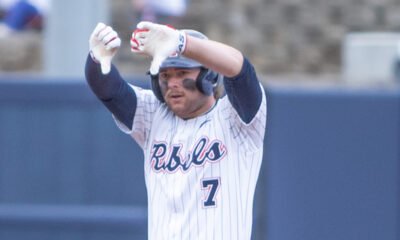 Ole Miss' Topher Jones reacts after a base hit during Sunday's game against Evansville. | Dylan Cohron, HottyToddy.com Images