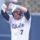 Ole Miss' Topher Jones reacts after a base hit during Sunday's game against Evansville. | Dylan Cohron, HottyToddy.com Images