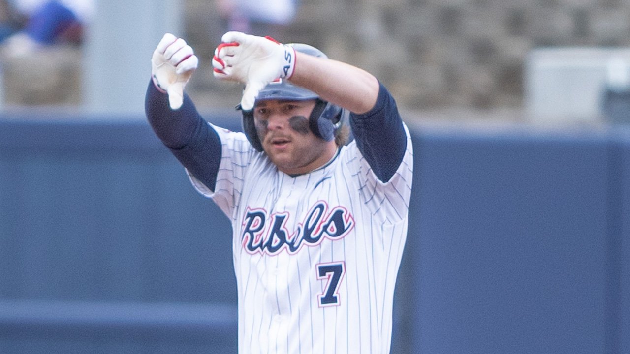 Ole Miss' Topher Jones reacts after a base hit during Sunday's game against Evansville. | Dylan Cohron, HottyToddy.com Images