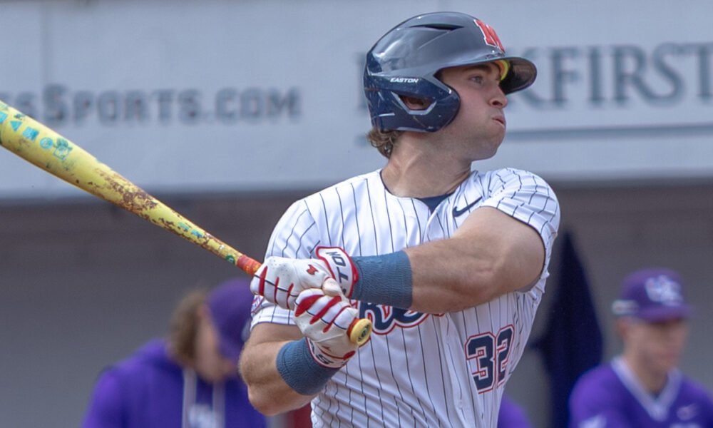 Ole Miss' Tristan Bissetta watches a ball he hit during a game against Evansville at Swayze Field. | Dylan Cohron, HottyToddy.com Images