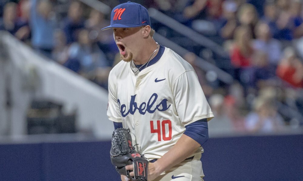 Ole Miss relief pitcher JP Robertson reacts after a strikeout against No. 15 Kentucky at Swayze Field. | Dylan Cohron, HottyToddy.com Images