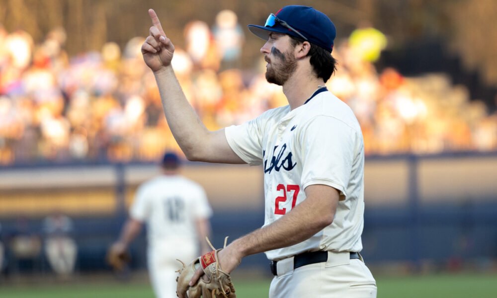 Ole Miss third baseman Judd Utermark signals during a SEC game against No. 15 Kentucky at Swayze Field. | Dylon Cohron-HottyToddy.com Images