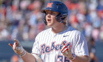 Ole Miss first baseman Will Furniss reacts during a SEC game against No. 15 Kentucky. | Dylan Cohron, HottyToddy.com Images